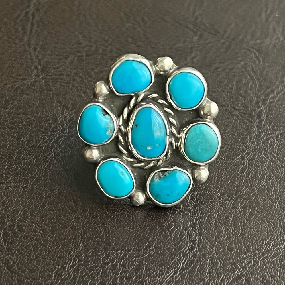 Vintage signed Zuni large Turquoise and sterling silver cluster ring - Picture 11 of 14
